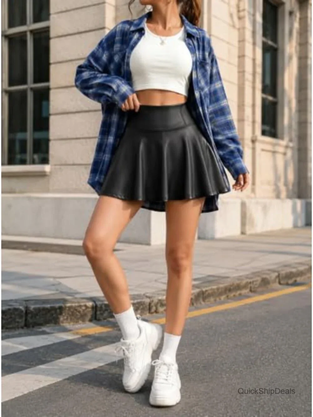 Faux Leather Flared Mini Skirt High Waisted Stretchy PU Skort